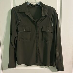 Maude Army Green Long sleeve blouse size Medium zipper accents